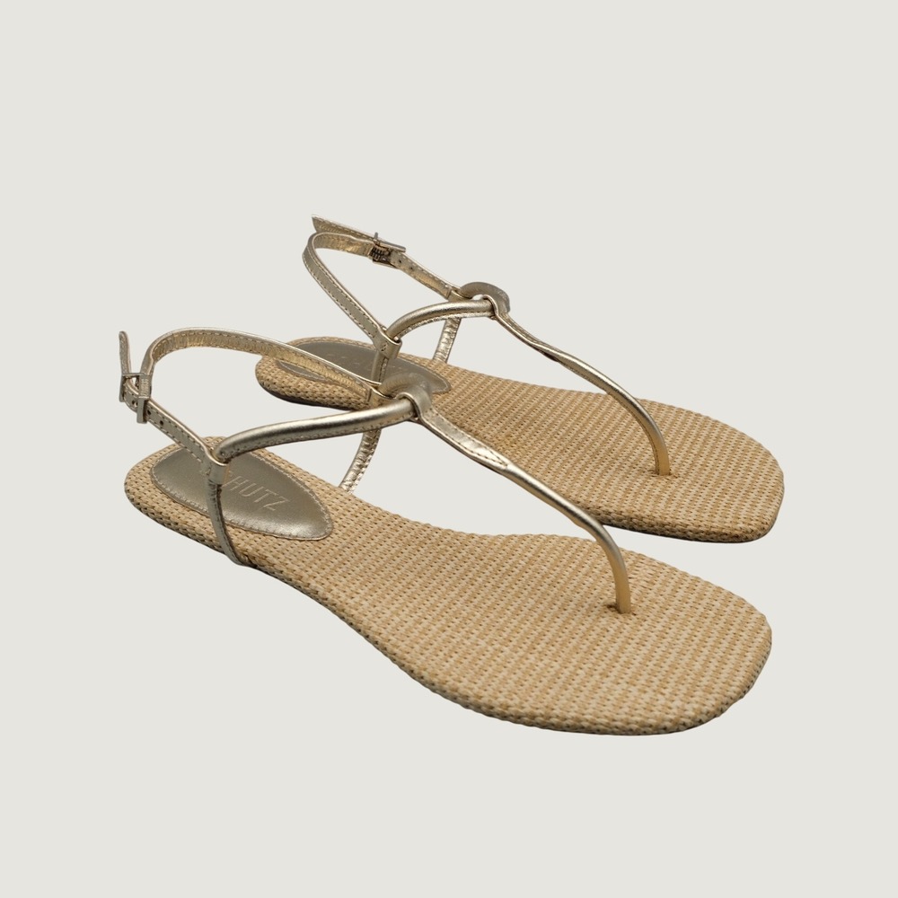 Schutz Elsha Gold Metallic Leather Straw Flat Thong Sandals 6B